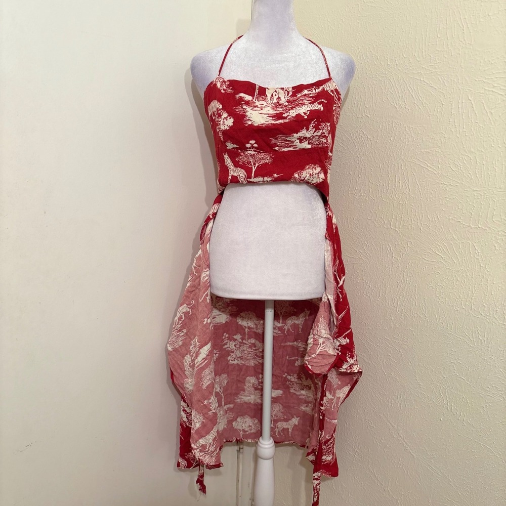 Reformation Red Safari Toile Halter Wrap Midi Dress Size 8 Cutout Africa Retro - Picture 3 of 7